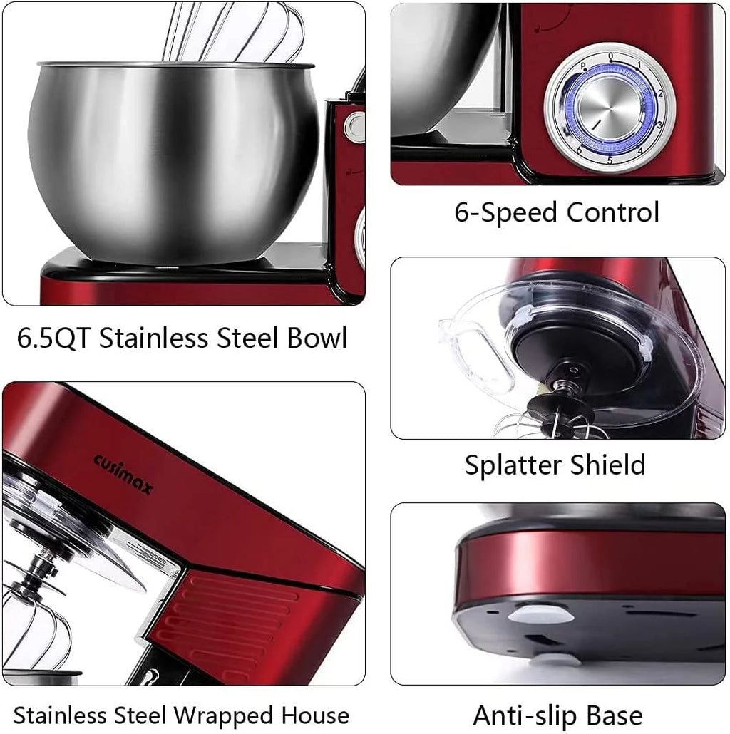 6.5QT Stainless Steel 6-Speeds Tilt-Head Electric Stand Mixer H827