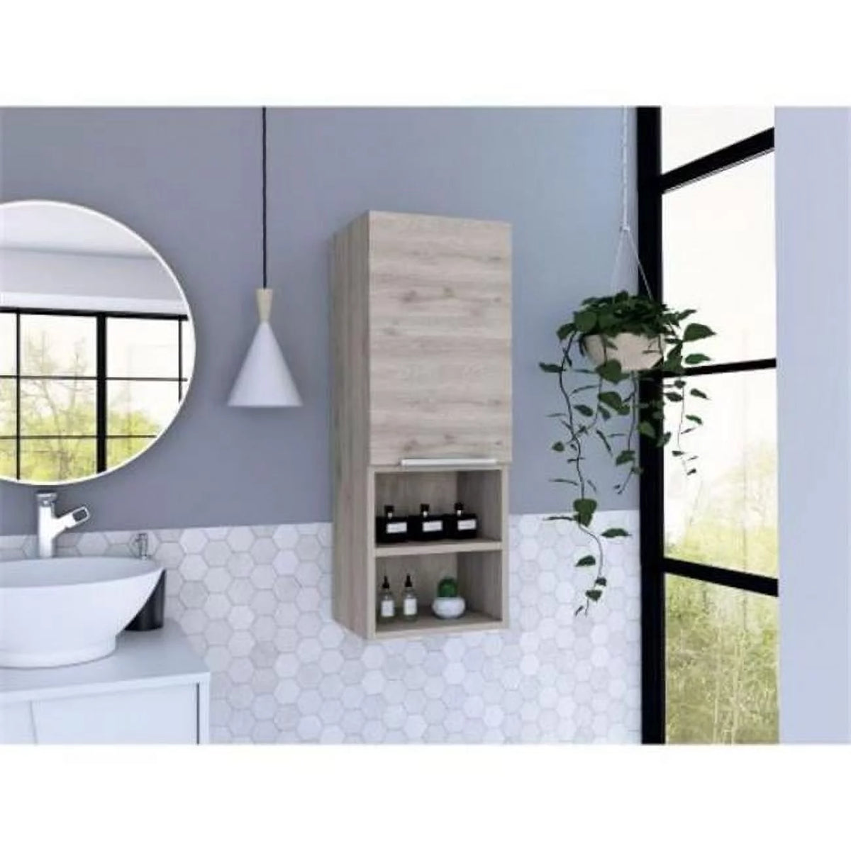 Light Gray Single Door Bathroom Cabinet with Two Open Shelves S711