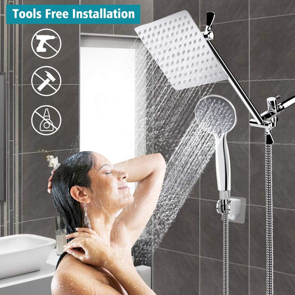 Chrome Stainless Steel Rainfall Shower Head Combo with Extension Arm, Holder, Hose, 4 Hooks, Pack of 2 T12472