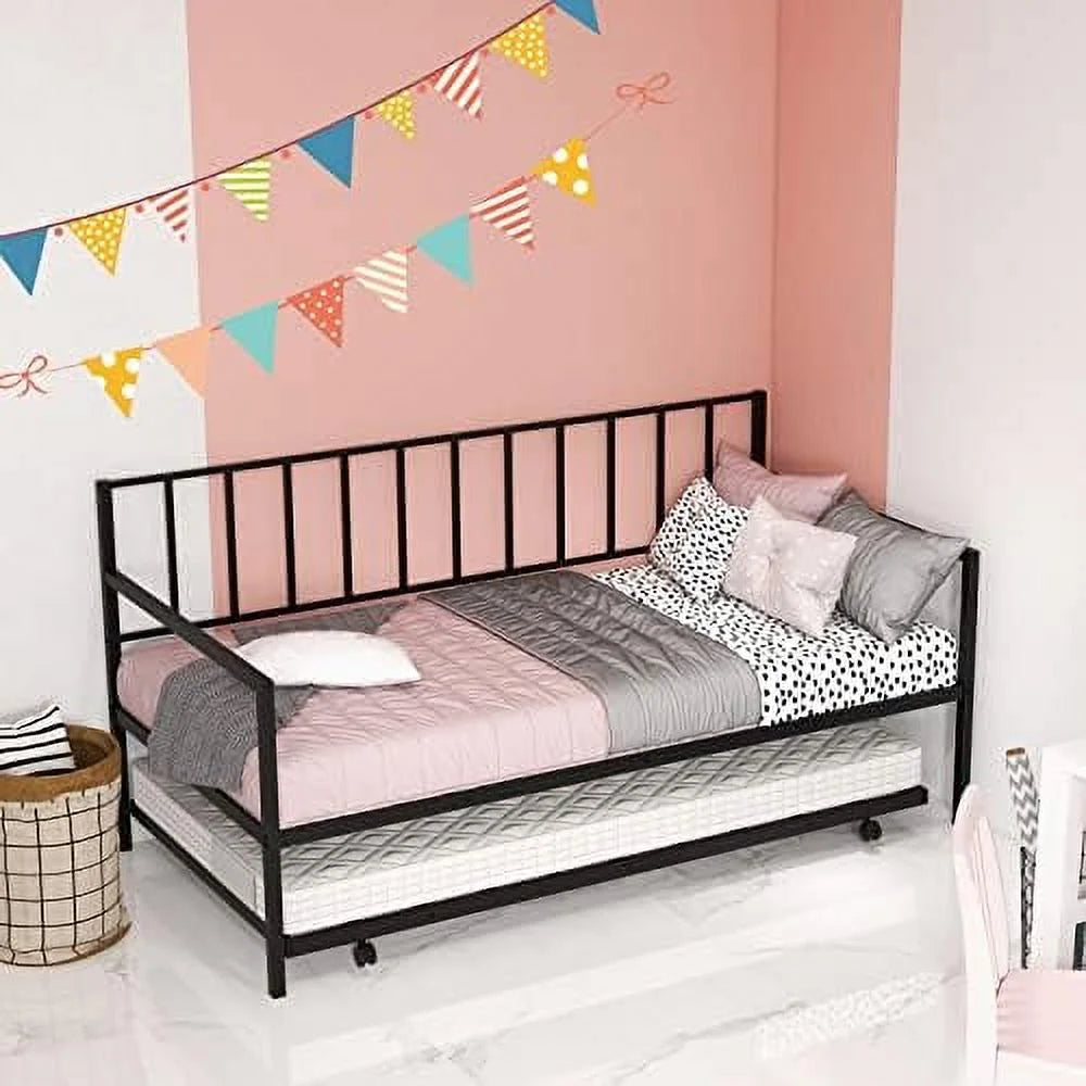 Black Metal Twin Daybed Frame with Slat Support and Guardrails F97754
