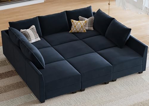 Dark Blue Velvet Sleeper Sectional Sofa with Storage J254