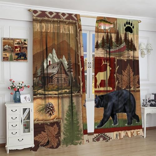 Rustic Bear Moose Deer Curtains, Retro Pine Tree Cabin Country Lodge Camping Window Treatments Vintage Tribal Aztec Abstract Geometric Blackout Window Drapes 42x63in V8562