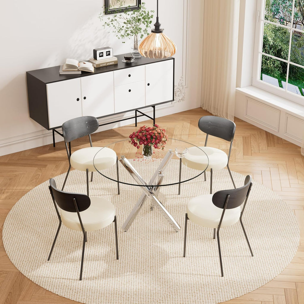 5 Pcs Round Glass Dining Table Set with Beige Faux Leather Chairs A584991