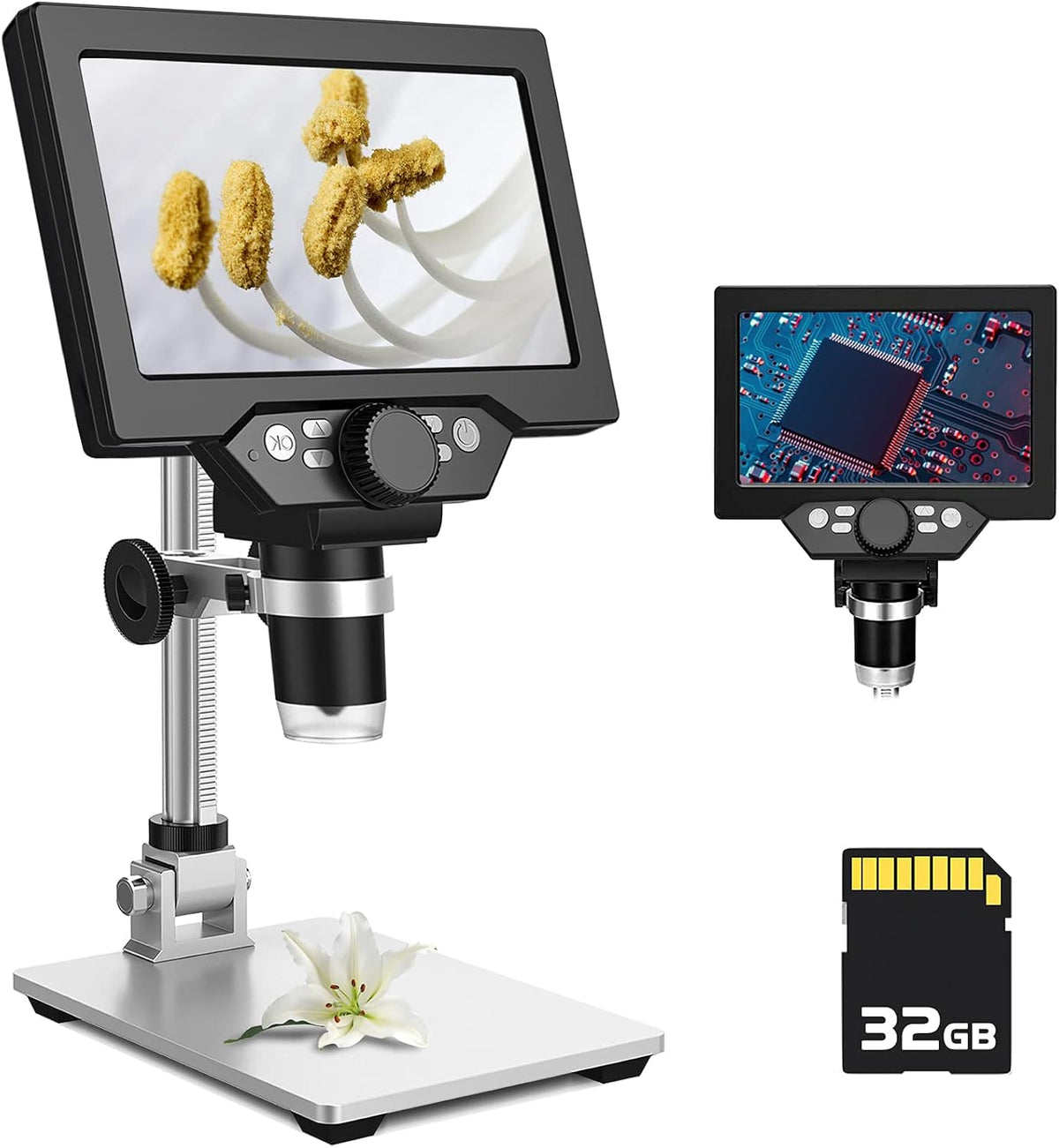 LCD Digital Microscope 7 inch 1X-1200X 1080P 12 Megapixels 3000 mAh USB 8 LED 32G TF Card Pack of 2 Z234