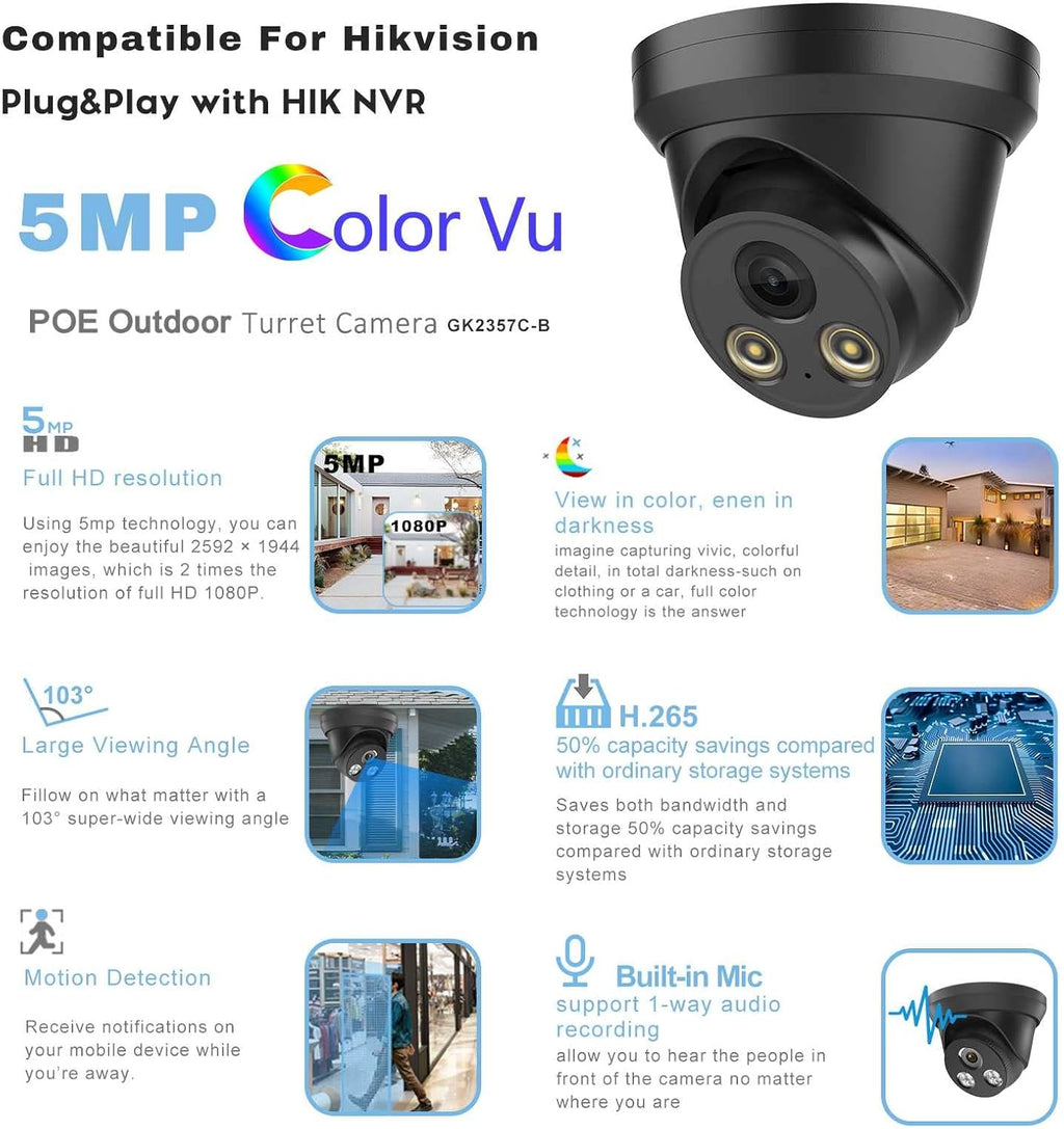 4K 8MP Full Color Night Vision POE IP Security Camera, 2.8mm Fixed Lens, Built-in Mic, IP67 Waterproof E1902