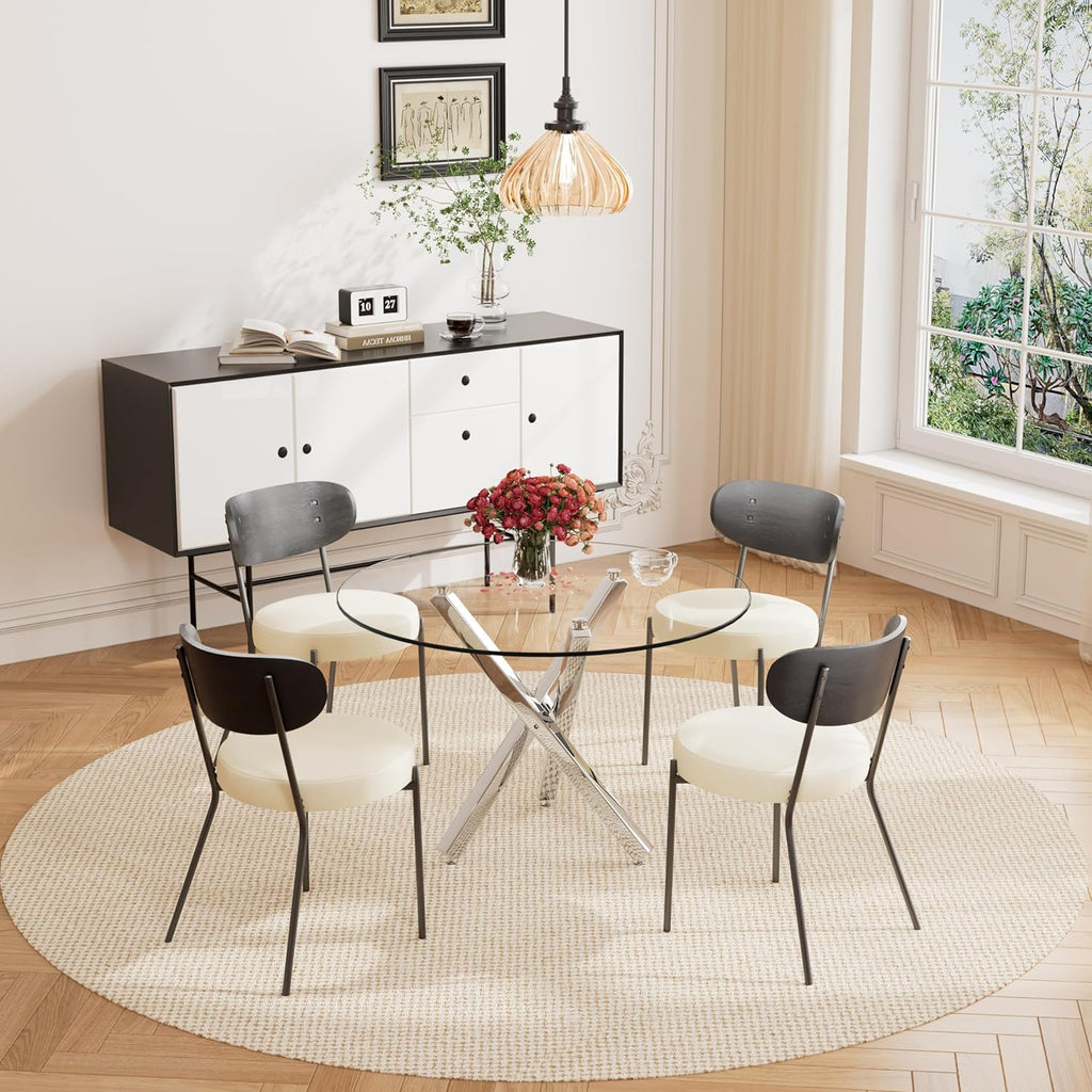5 Pcs Round Glass Dining Table Set with Beige Faux Leather Chairs A584991