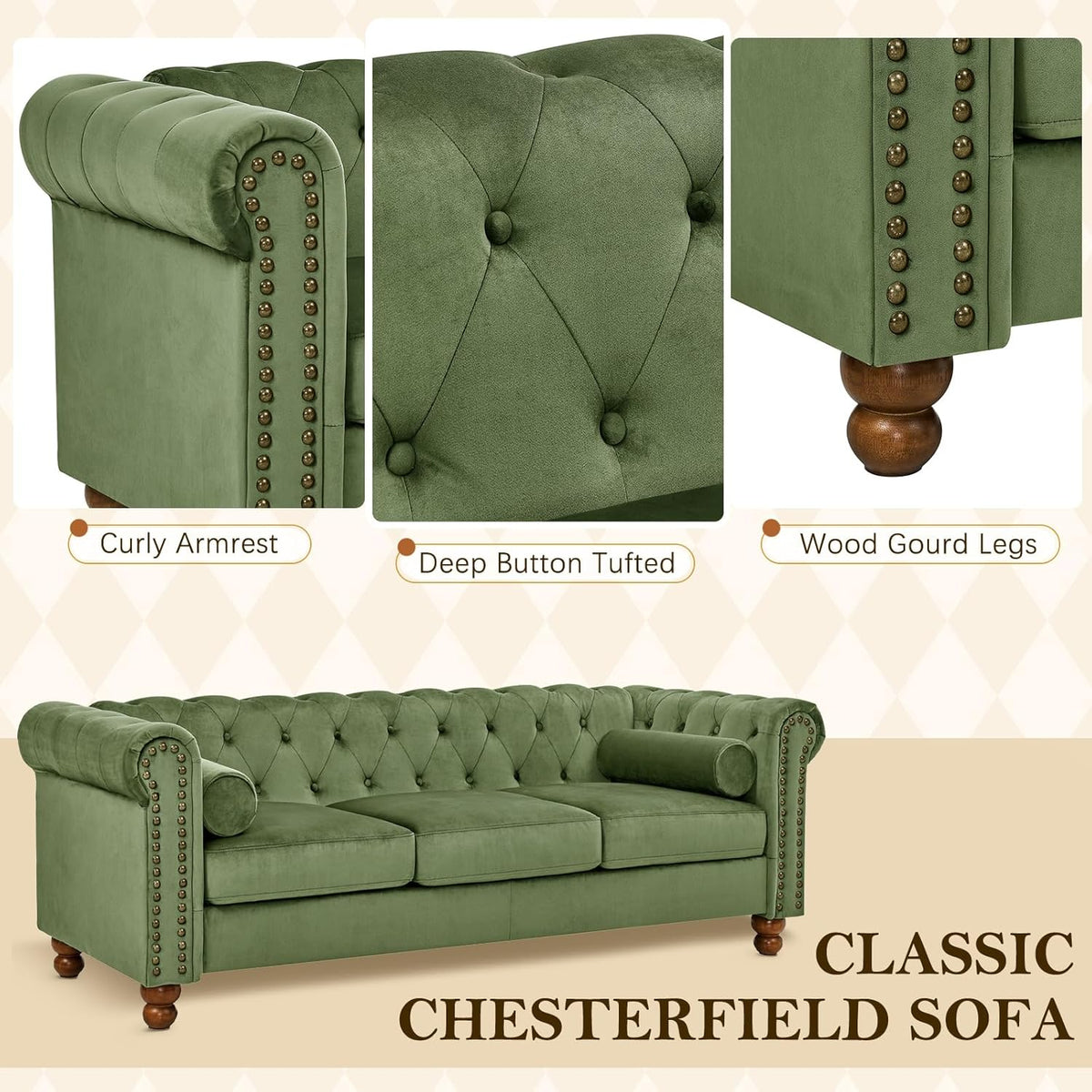 Green Velvet 3 Seater Chesterfield Sofa I608