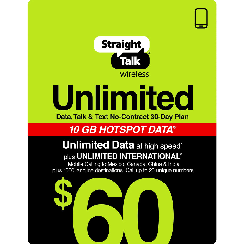 Unlimited International 30-Day Prepaid Plan + 10GB Hotspot Data e-PIN Top Up K86343