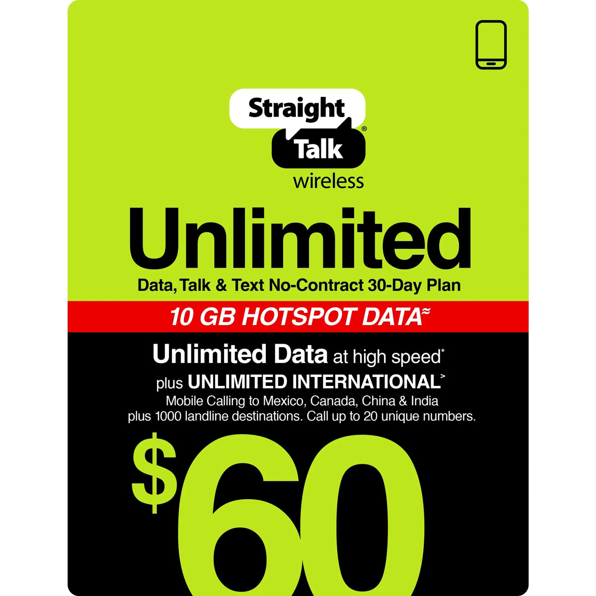 Unlimited International 30-Day Prepaid Plan + 10GB Hotspot Data e-PIN Top Up K86343