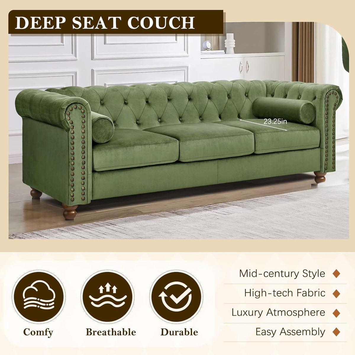 Green Velvet 3 Seater Chesterfield Sofa I608