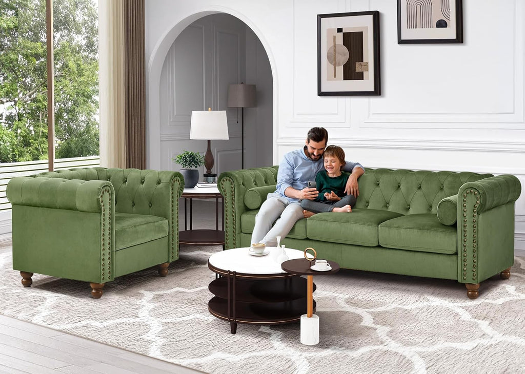 Green Velvet 3 Seater Chesterfield Sofa I608