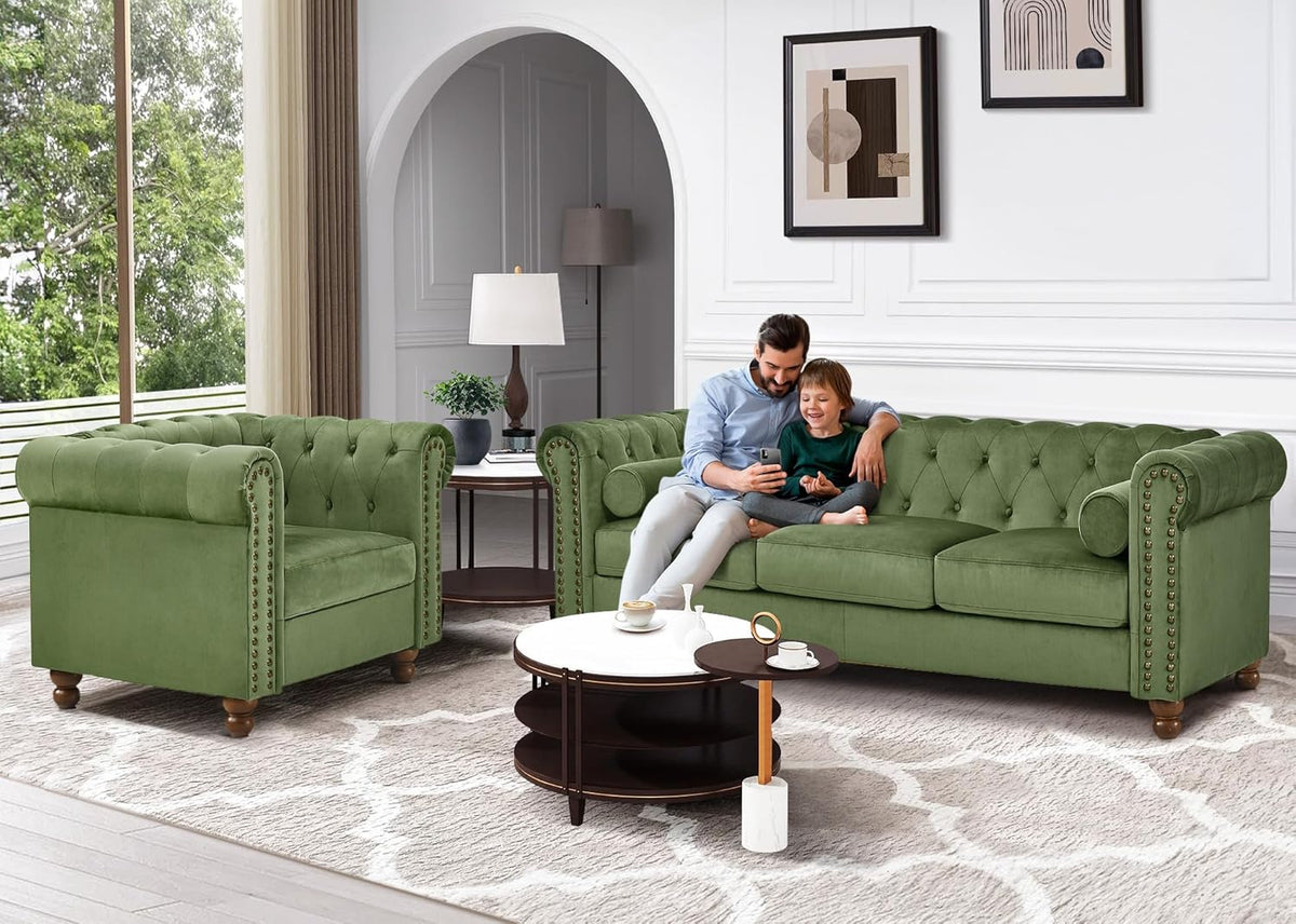 Green Velvet 3 Seater Chesterfield Sofa I608