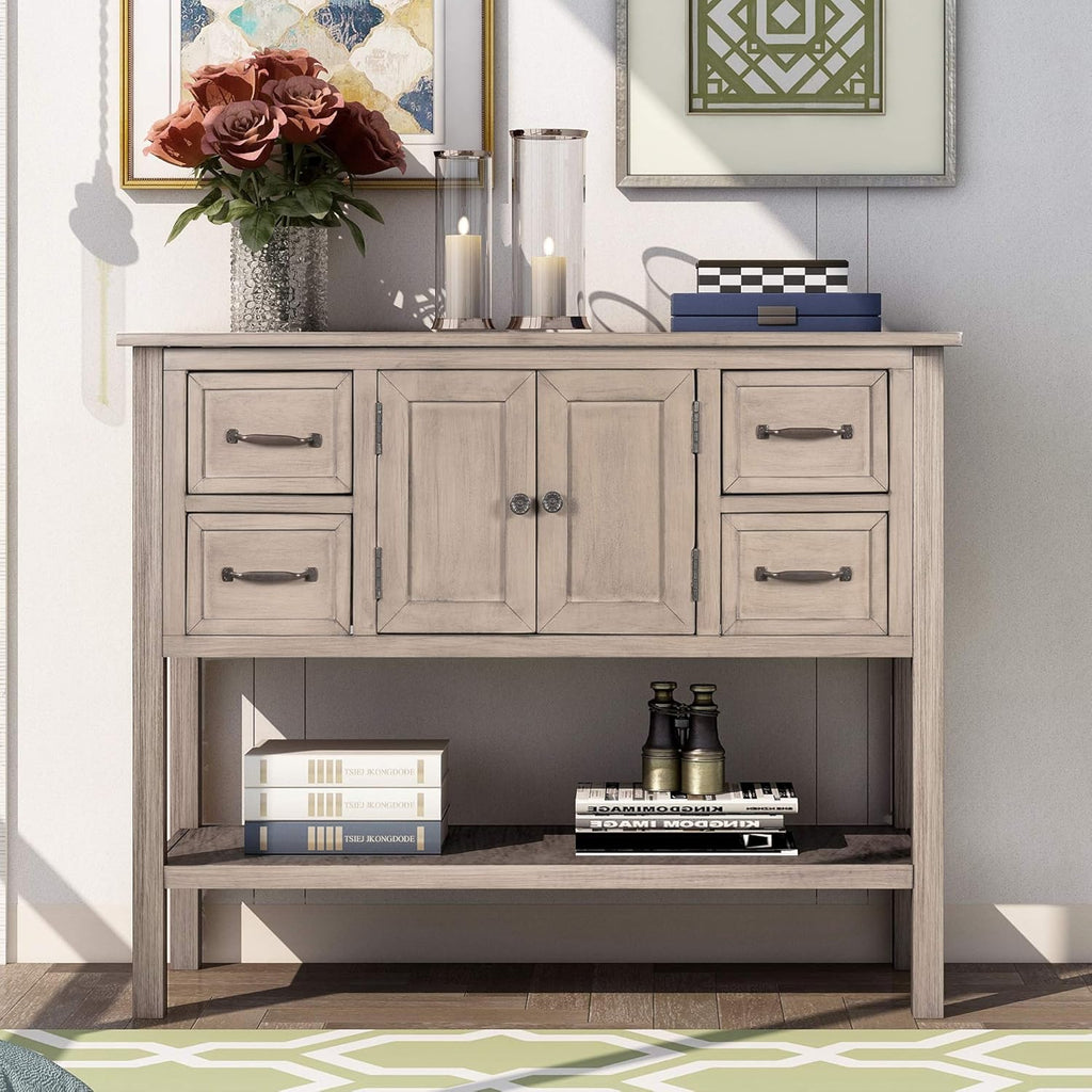 43 Inch Light Blue Console Table with Doors Drawers and Open Shelf O2226