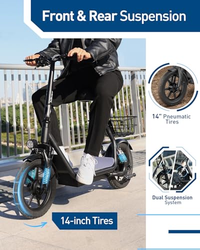 Electric Scooter with Seat, 500W Peak Motor, 20MPH, 22 Miles Range, Foldable, Dual Suspension, Drum Brakes C303