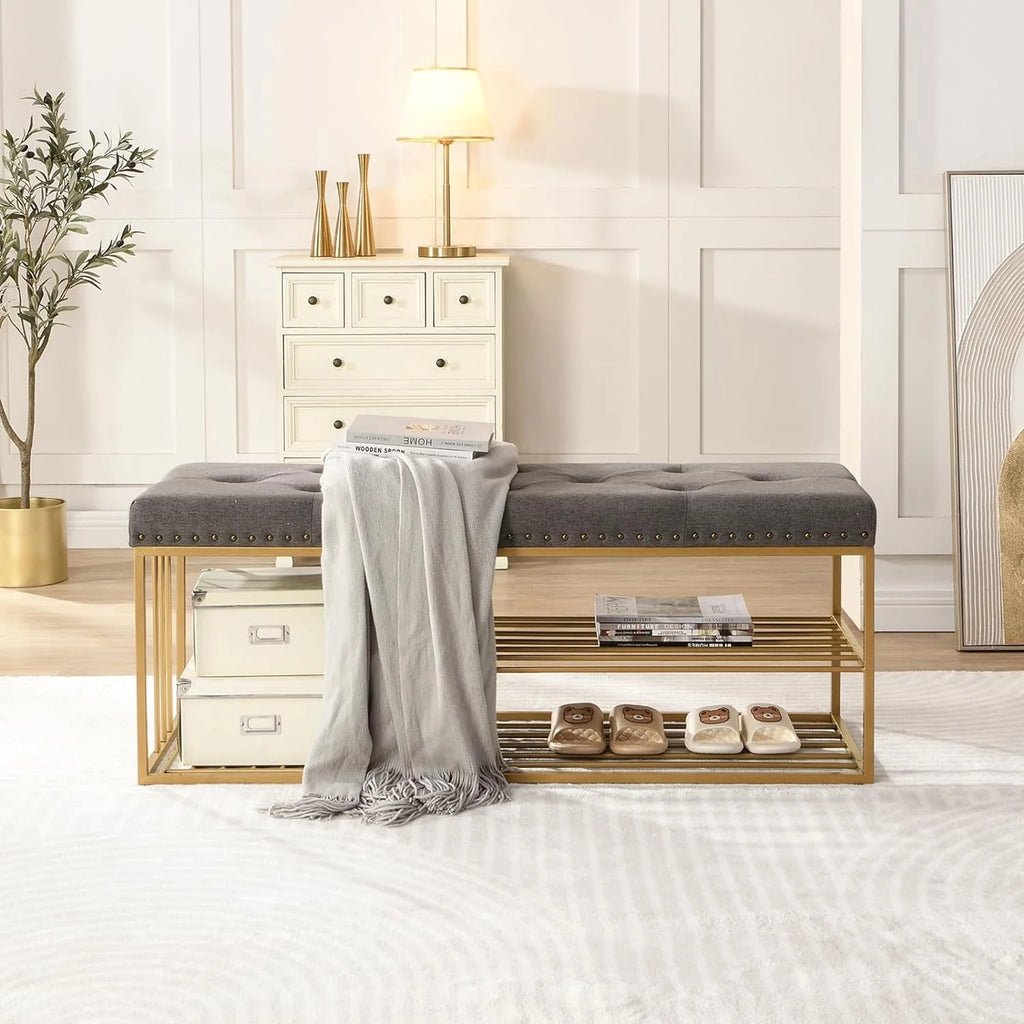 Grey Upholstered Storage Bench with Nailhead Trim D5999