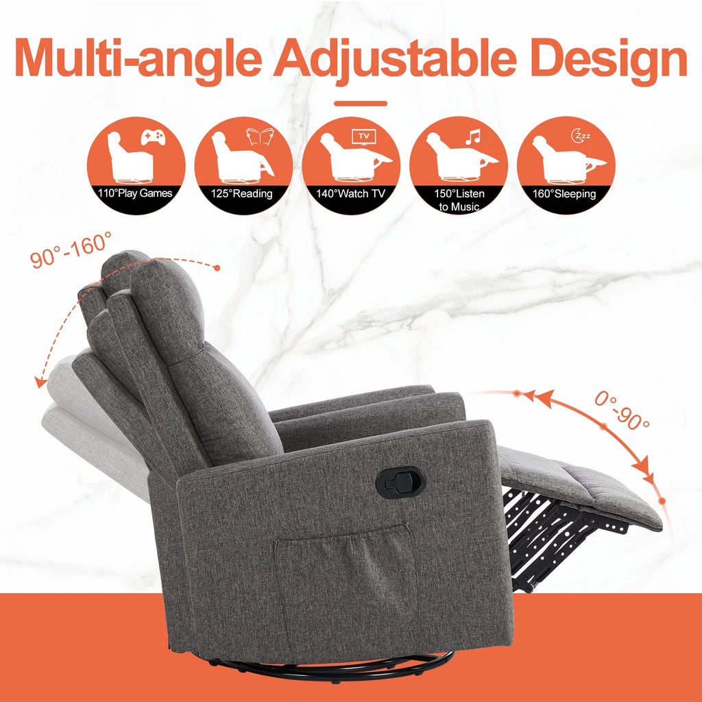 Grey Swivel Glider Rocker Recliner Chair with Adjustable Backrest and Footrest M4631