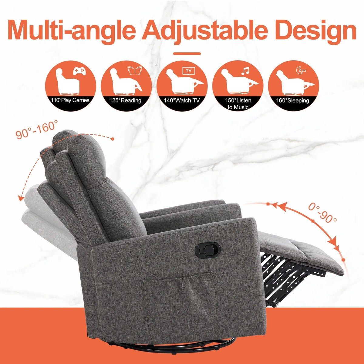 Grey Swivel Glider Rocker Recliner Chair with Adjustable Backrest and Footrest M4631