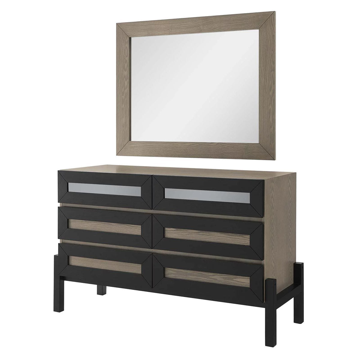 Brown Oak Wood Dresser Drawer Chest Mirror Set C75170