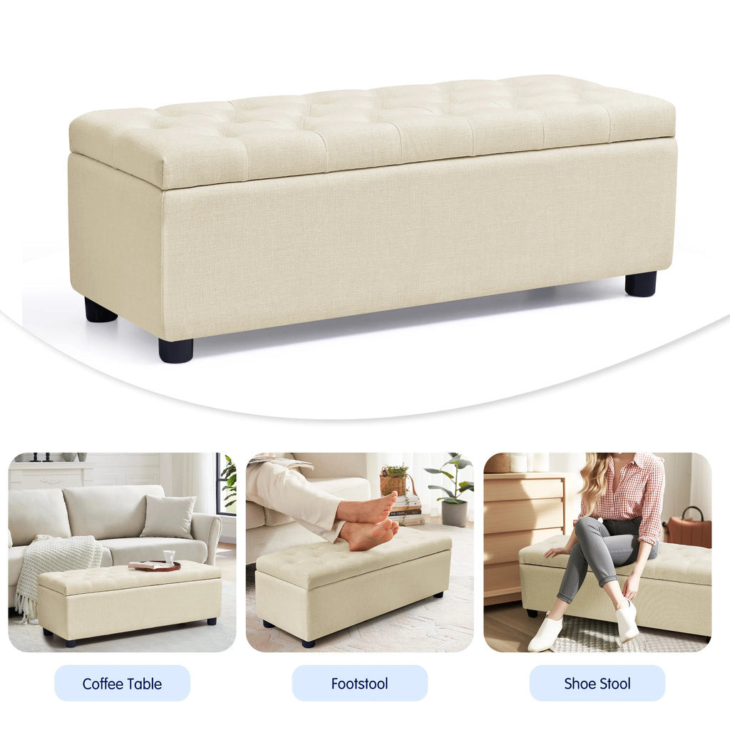Beige Linen Fabric Storage Ottoman Bench X235183