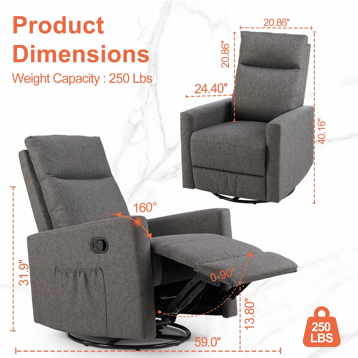 Grey Swivel Glider Rocker Recliner Chair with Adjustable Backrest and Footrest M4631