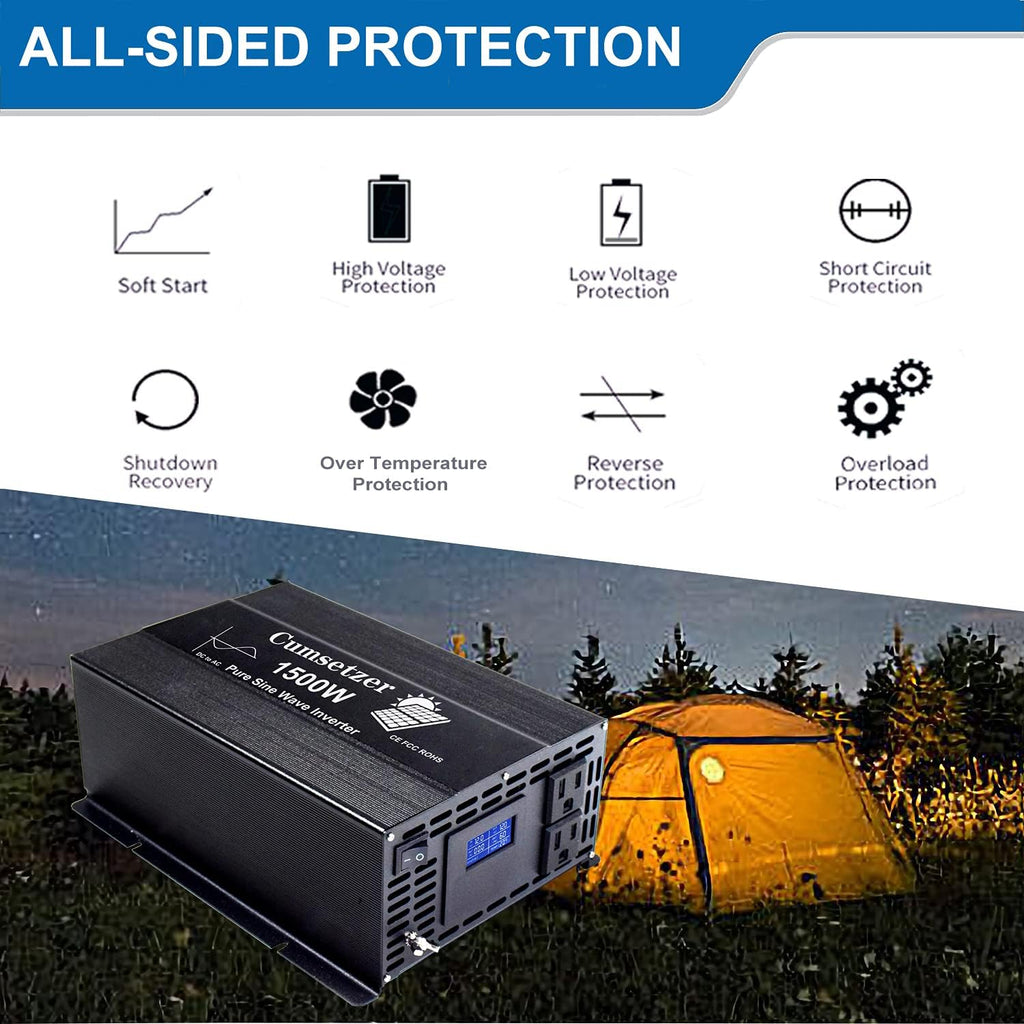 1500w 12v Pure Sine Wave Power Inverter DC to AC 110v 120v with Dual US Outlet and LCD Display U397