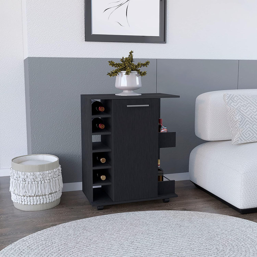 Black Bar Cart with 6 Built In Bottle Racks and 2 Open Side Shelves Z3413