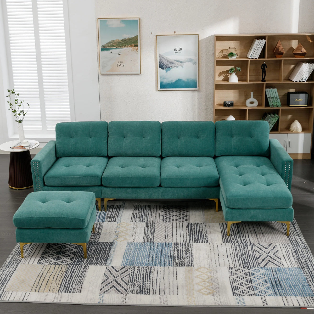 Green L-Shape Convertible Sectional Sofa with Movable Ottoman O577825