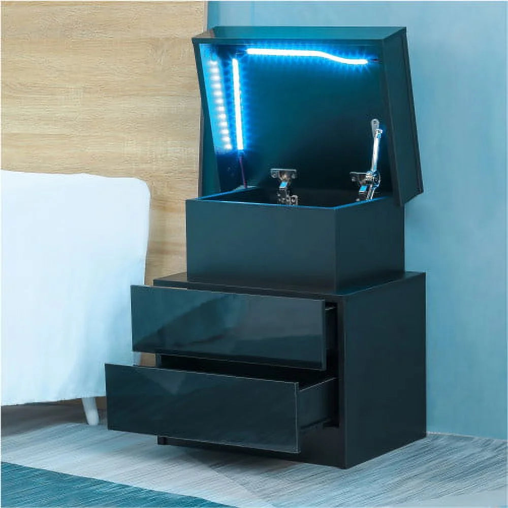 Black LED Nightstand with 2 High Gloss Drawers M652099