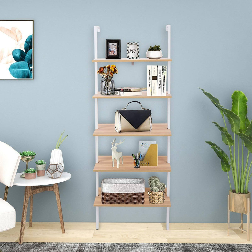 Walnut Beige 5-Tier Wood Ladder Bookcase with Metal Frame R513