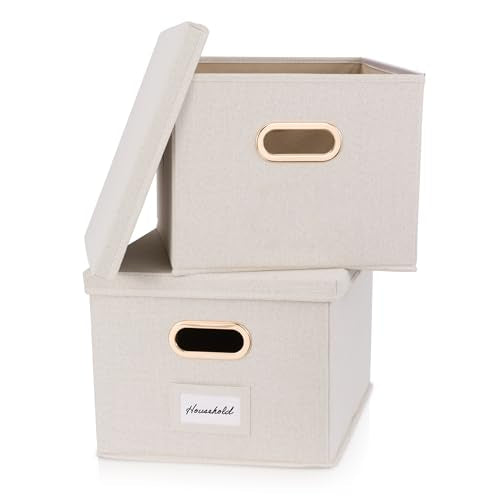 Collapsible Linen File Organizer Box Set of 2 with Lid J12532
