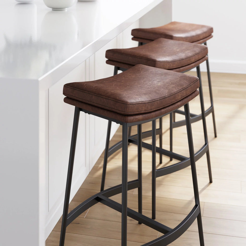Brown Backless Upholstered Bar Stool with Metal Base R82112