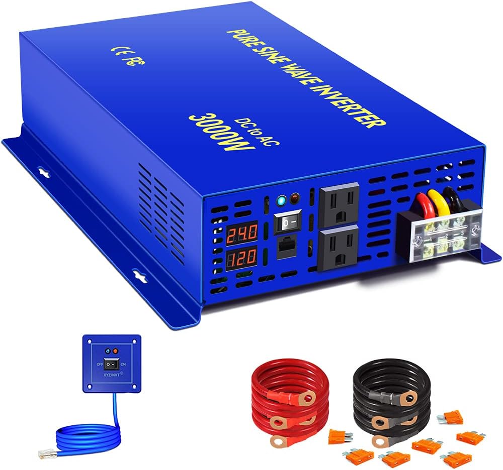 3000W Pure Sine Wave Power Inverter 24V DC to AC 120V with 15ft Cable Remote Switch Controller I6333