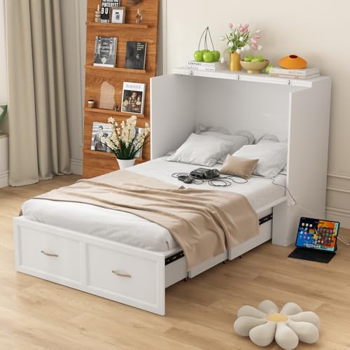 White Twin Size Murphy Bed with Charging Station and Drawer U319142