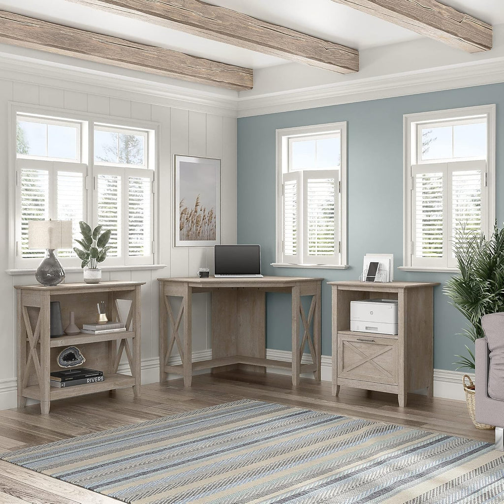 Washed Gray Corner Desk with Bookcase and Lateral File Cabinet X42065