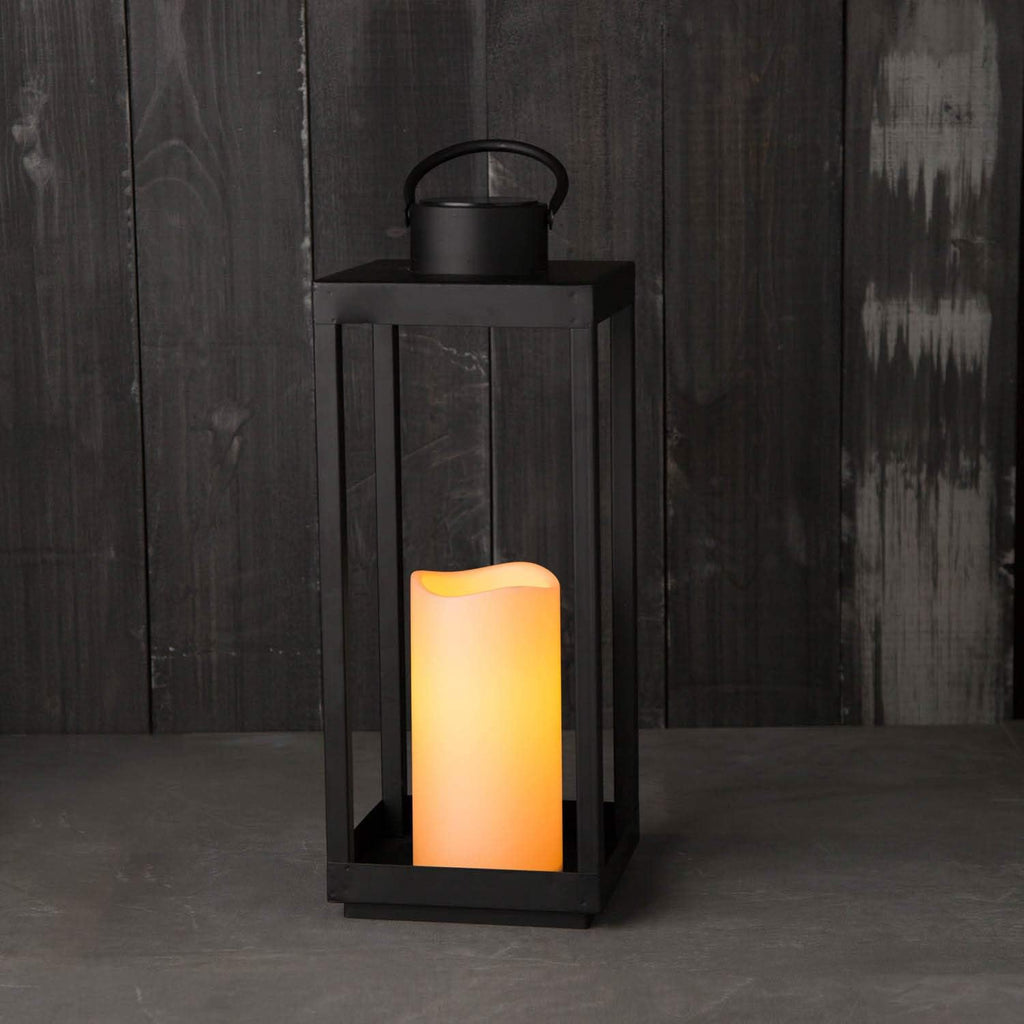 Large Outdoor Lantern with Solar Candle, 18 Inch Tall, Matte Black Metal Frame, Waterproof Flameless Pillar Candle S803277