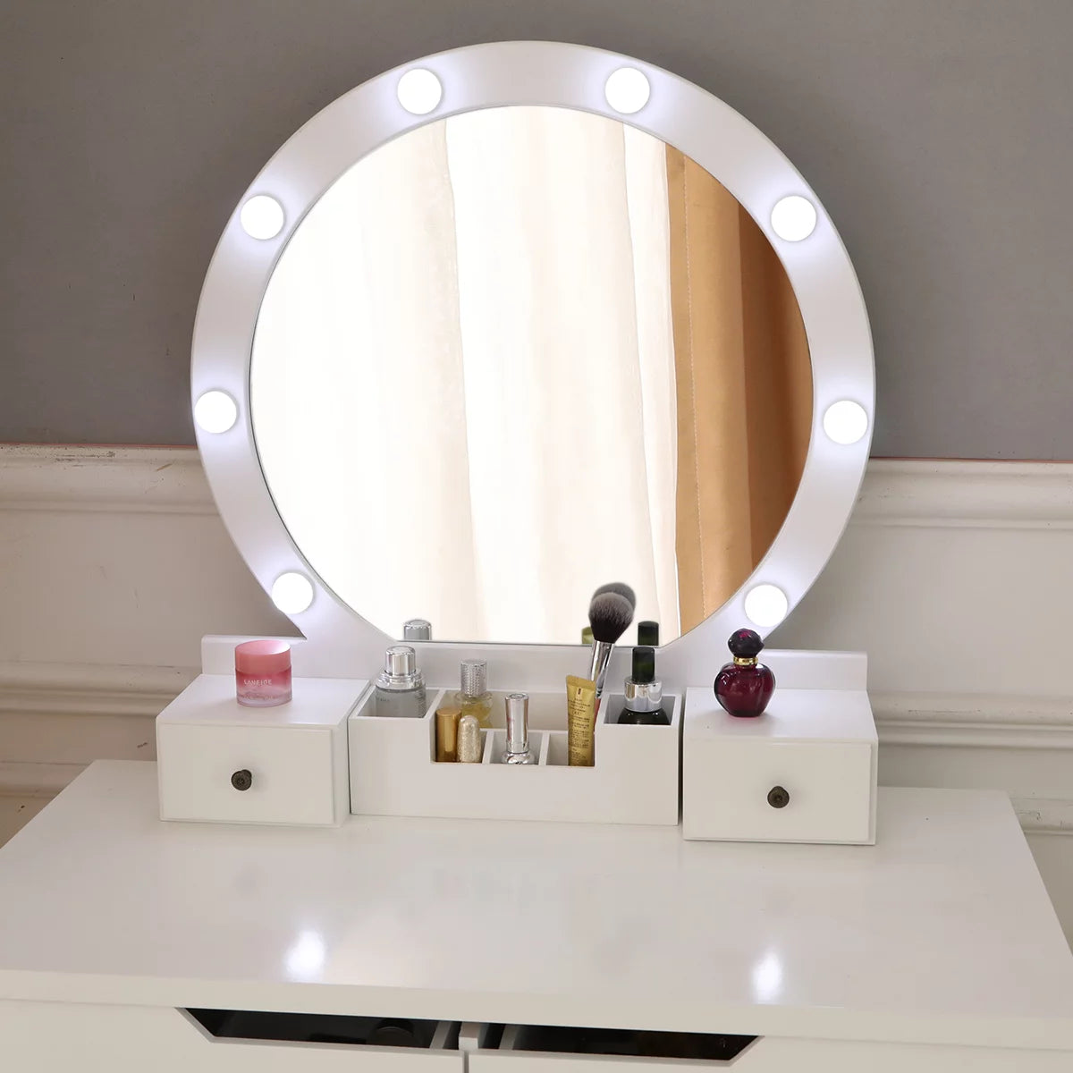 White Wooden Dressing Table with Lighted Mirror and Cushioned Stool T5574