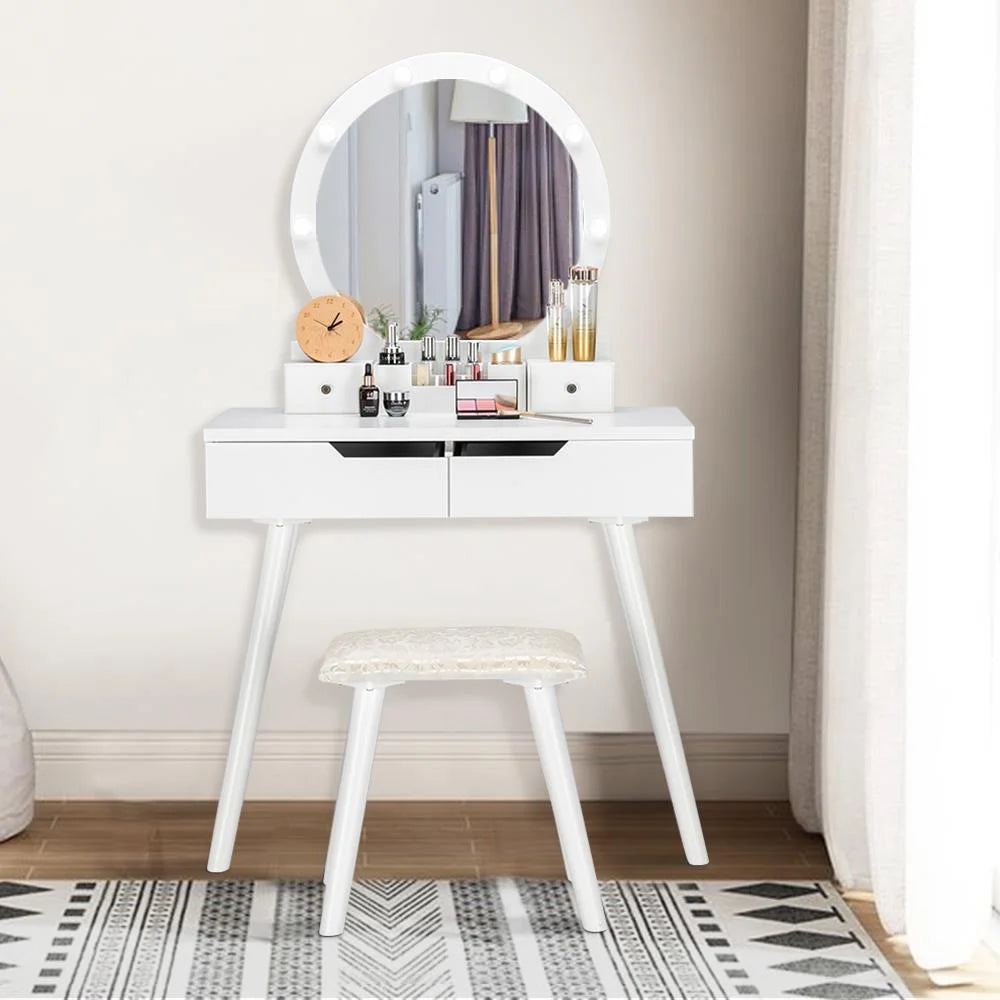 White Wooden Dressing Table with Lighted Mirror and Cushioned Stool T5574