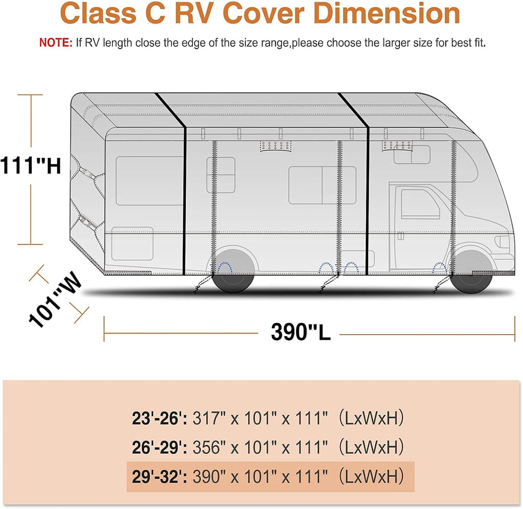 Rip-Stop 210D Class C RV Cover Windproof Waterproof Camper Cover with 2Pcs Extra Long Straps & Gutter Covers R609078
