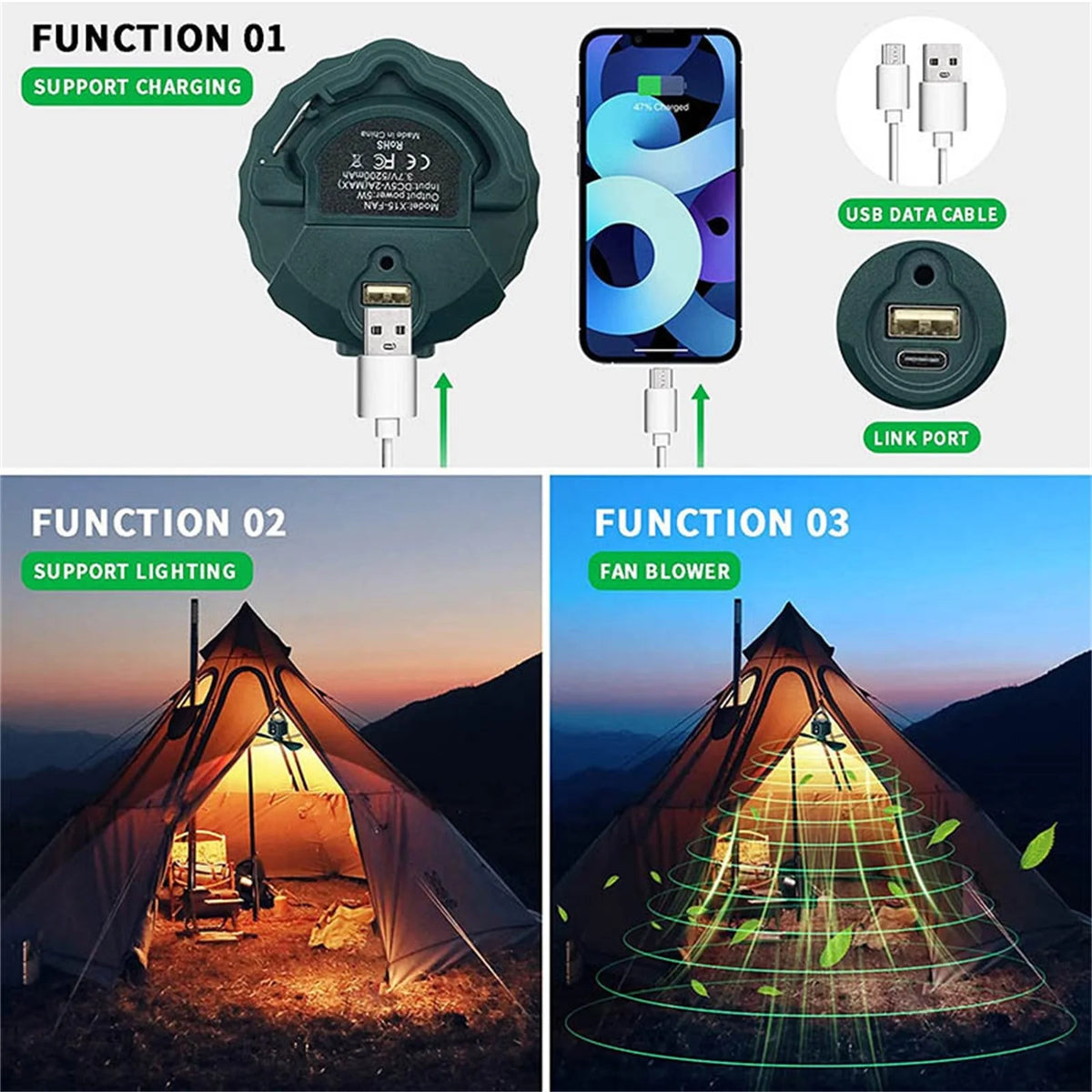 Rechargeable Camping Fan with LED Light and Hook 5200mAh P71194