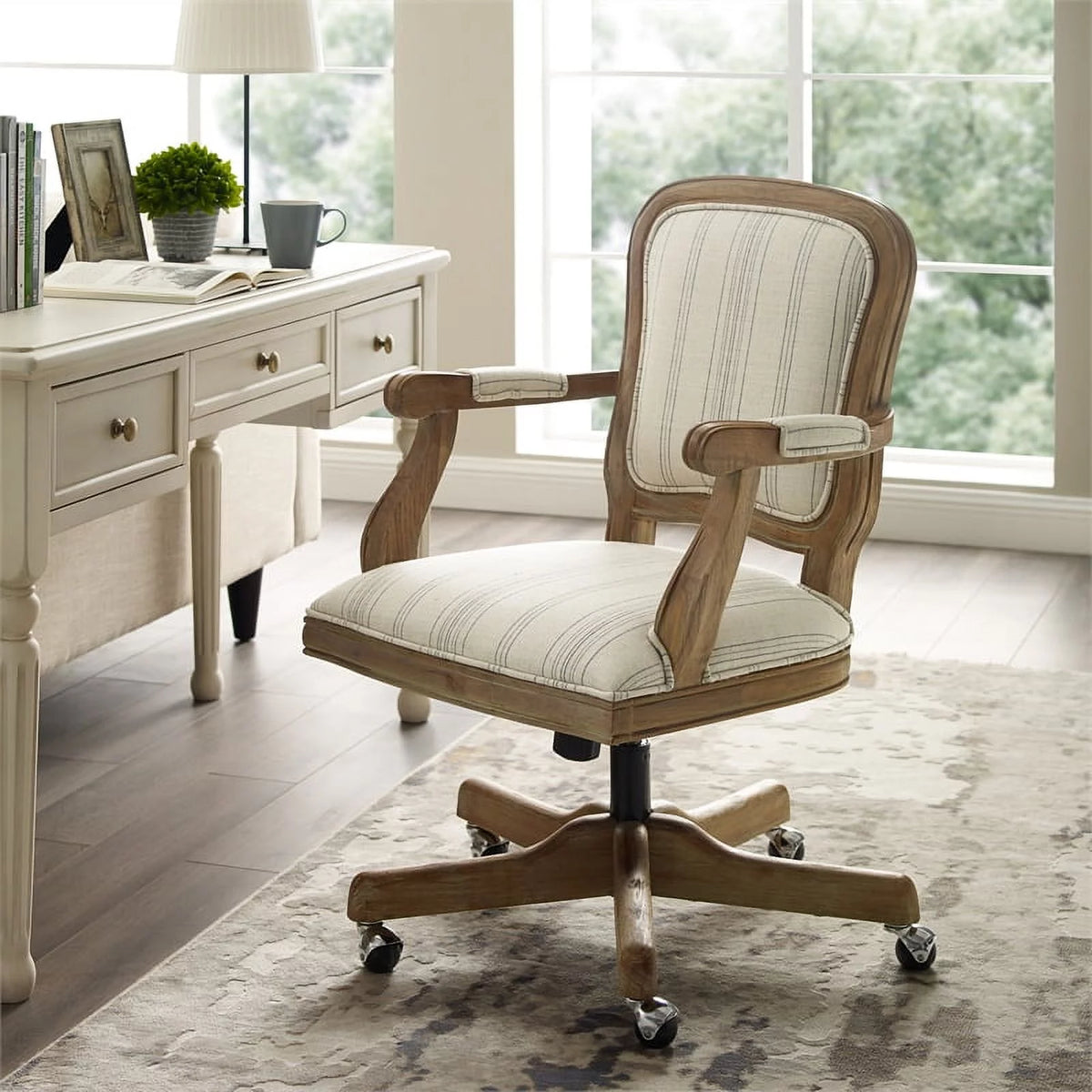 Beige Stripe Upholstered Office Chair with Wheels Q512