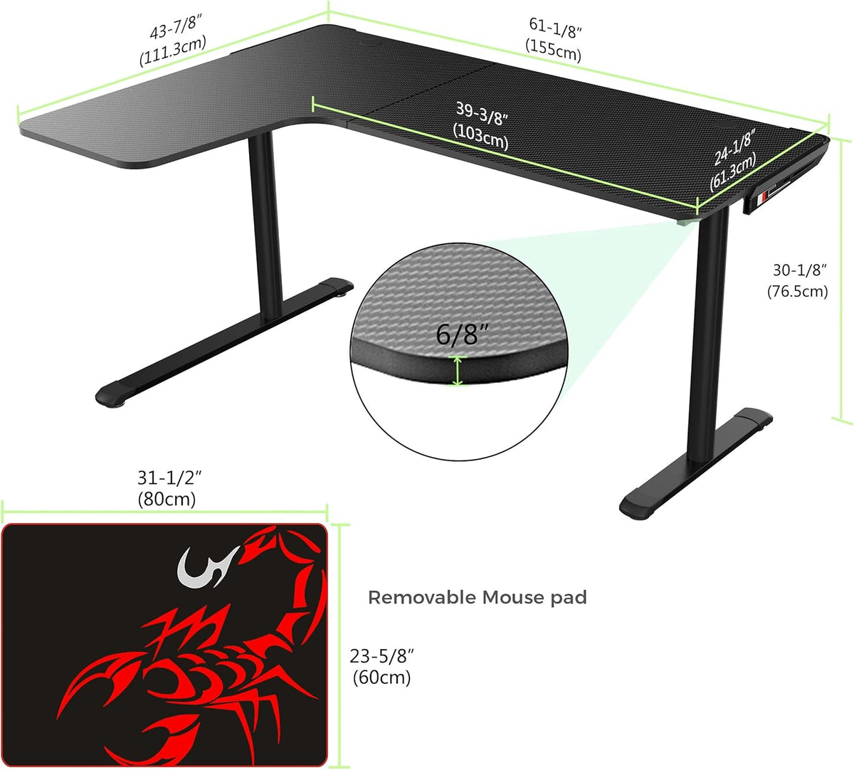 Black L Shaped 60 Inch Gaming Desk with Mouse Pad and Cable Management X316