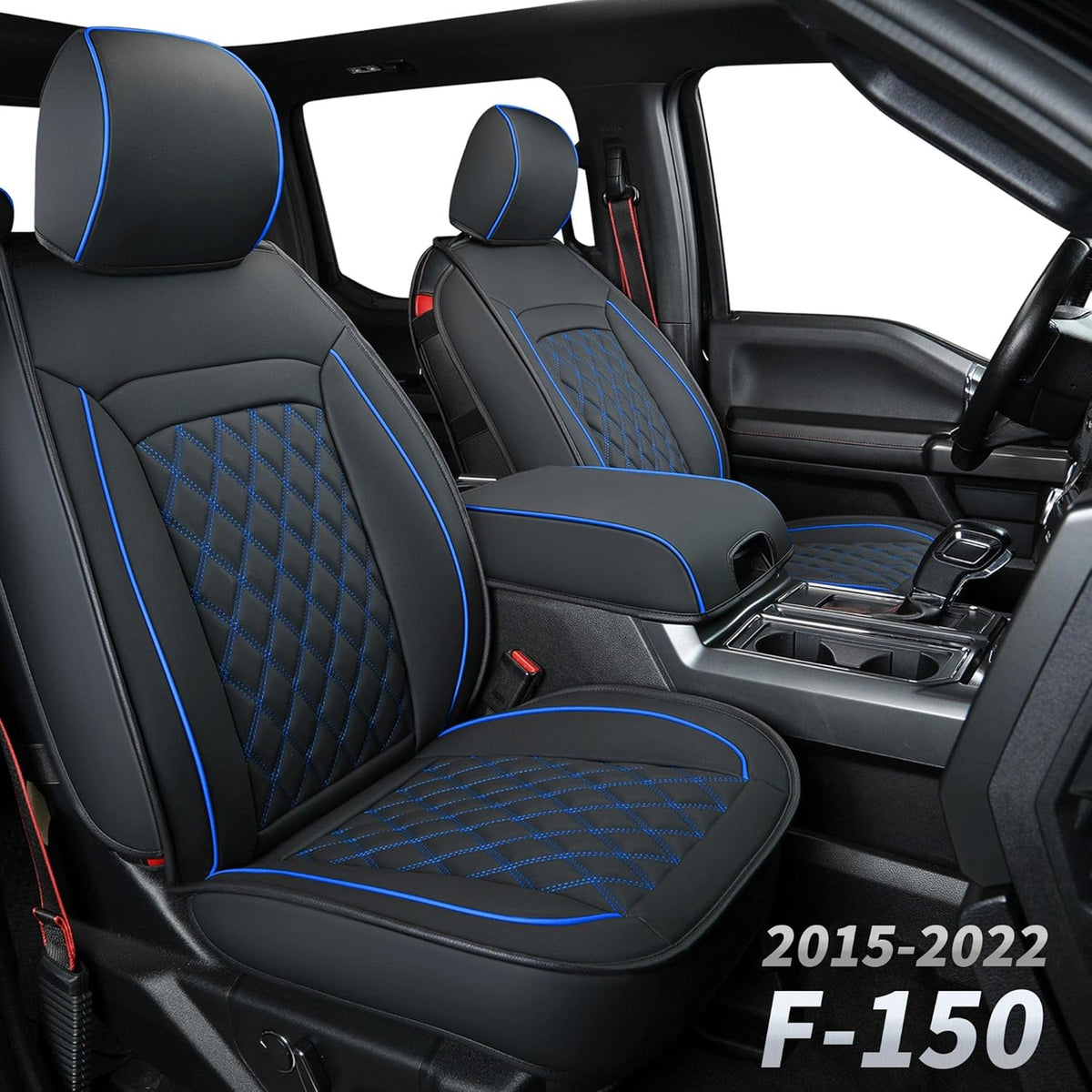 Black & Blue Waterproof Faux Leather Seat Covers with Center Console Cover F879