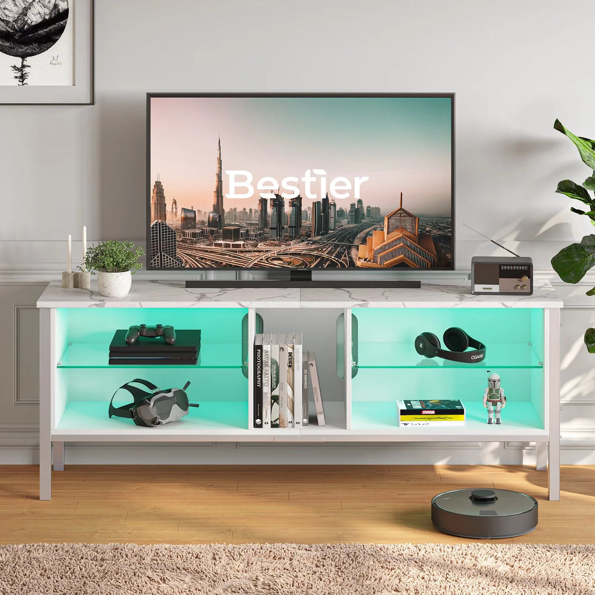 Black Marble TV Stand with Storage Cabinet U795