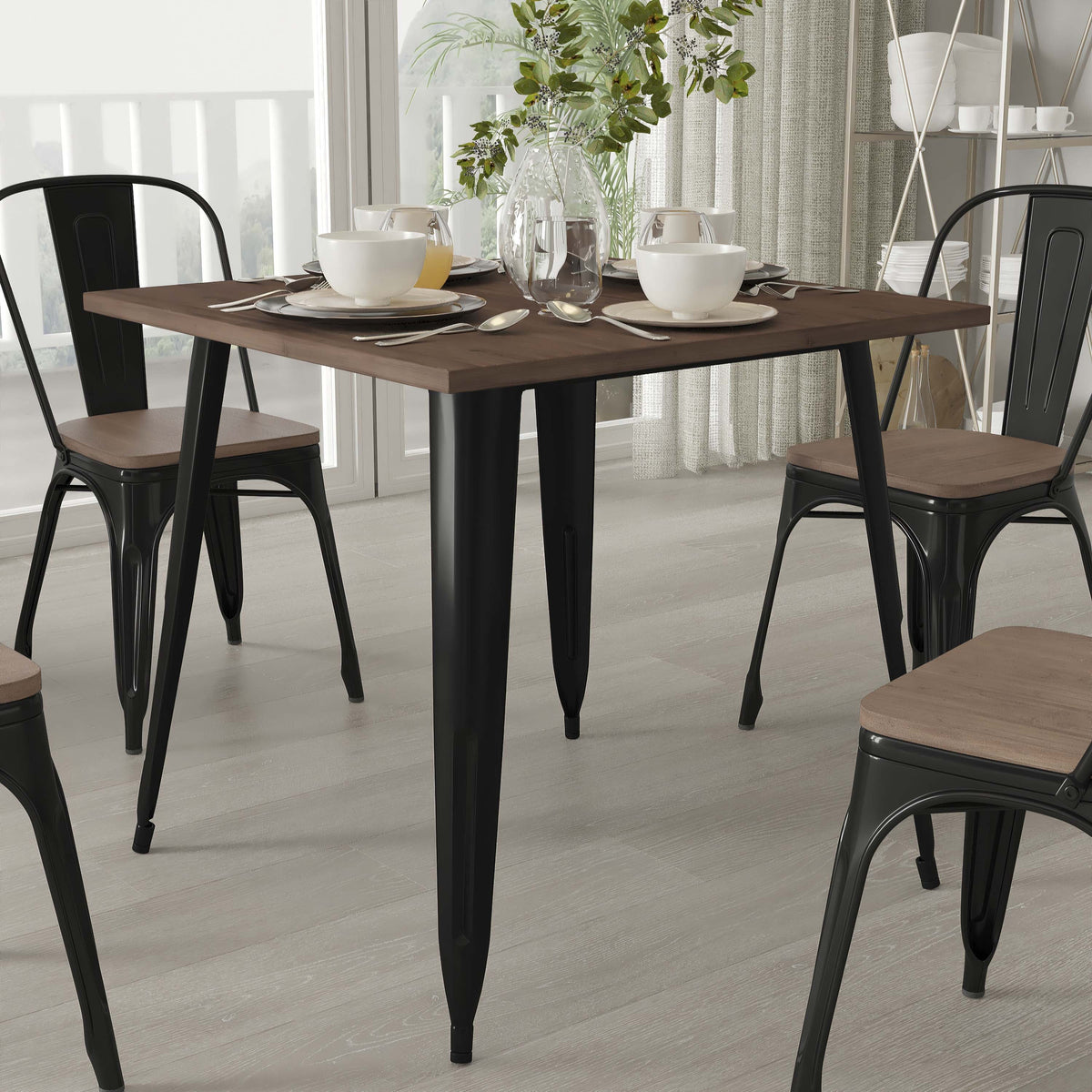Black Metal Table with Walnut Finished Wood Top Q64926