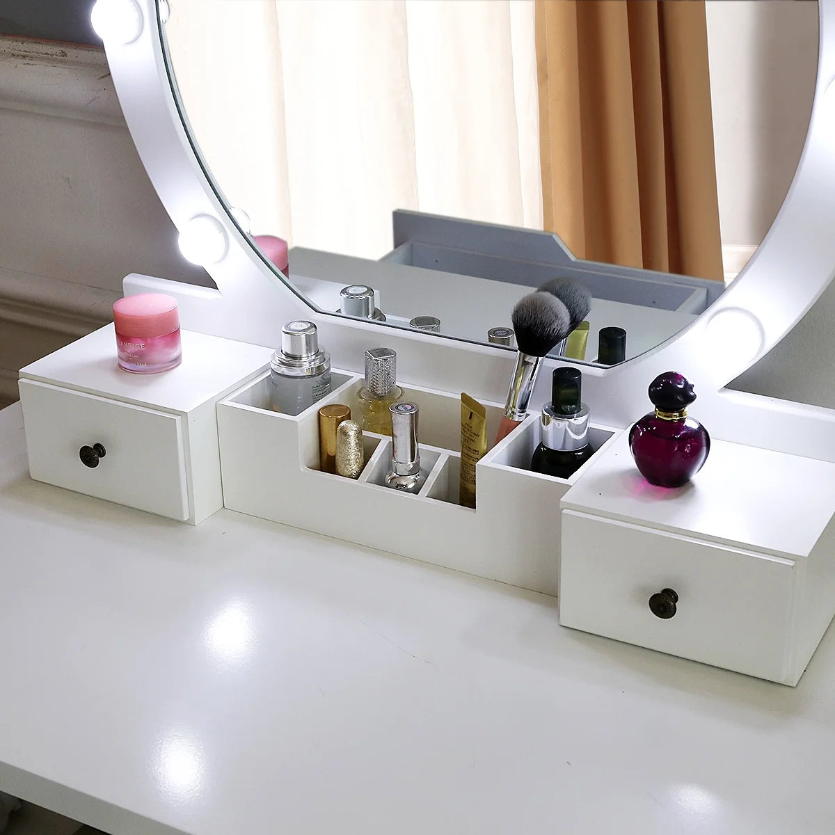 White Wooden Dressing Table with Lighted Mirror and Cushioned Stool T5574