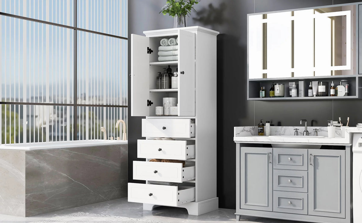White Wooden Storage Cabinet with Adjustable Shelves and Drawers K2951