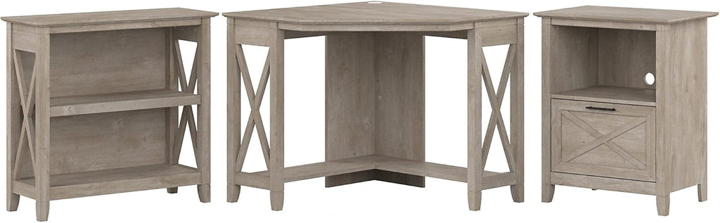Washed Gray Corner Desk with Bookcase and Lateral File Cabinet X42065