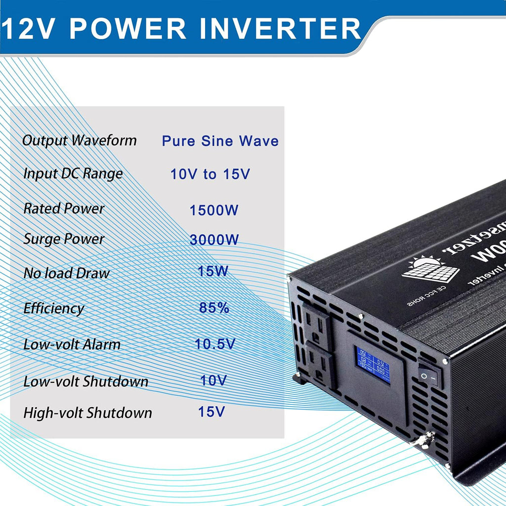 1500w 12v Pure Sine Wave Power Inverter DC to AC 110v 120v with Dual US Outlet and LCD Display U397