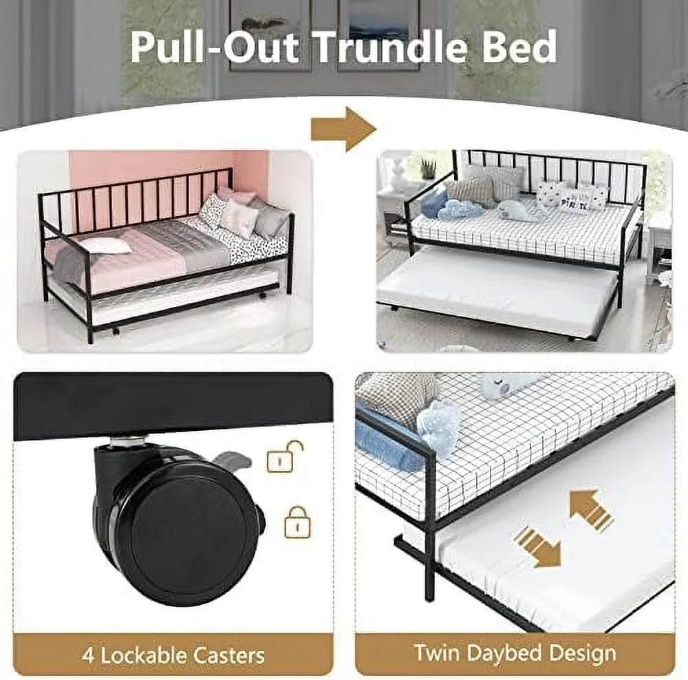 Black Metal Twin Daybed Frame with Slat Support and Guardrails F97754