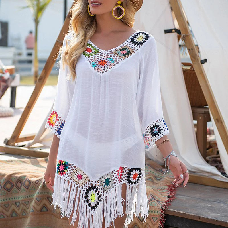 Crochet Knit Tassel Beach Cover Up Dress B1995